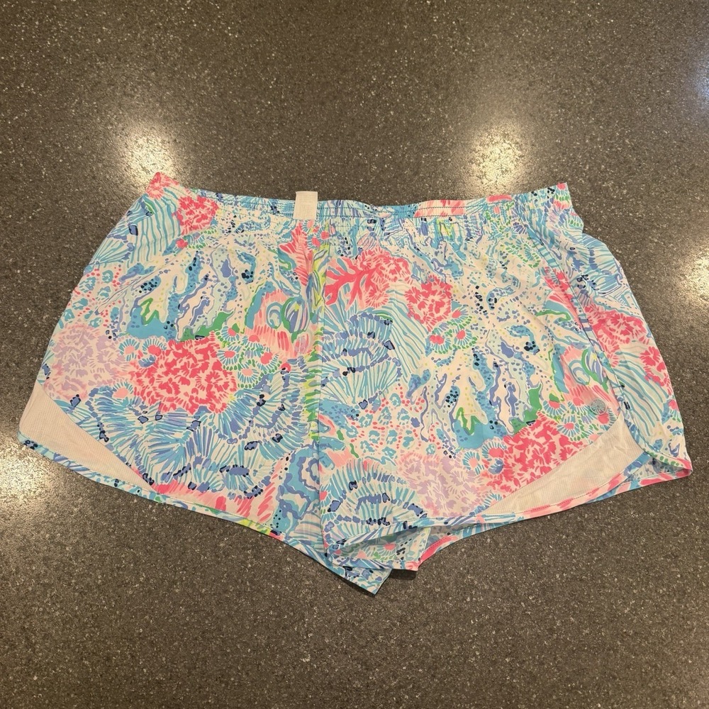 Women's LILLY PULITZER Blue/Pink OCEAN TRAIL Luxletic Athletic Shorts Sz XL